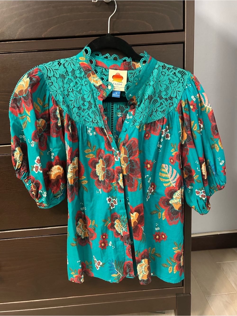 Farm Rio for Anthropologie Teal Floral Lace-Yoke Puff Sleeve Blouse